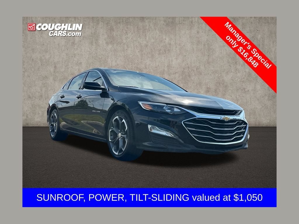2022 Chevrolet Malibu LT in Mosaic Black Metallic — front three-quarter view